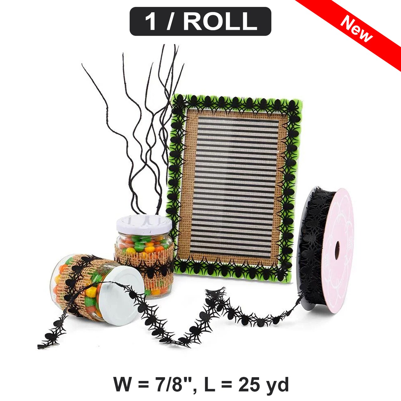 1 Roll Spooky Laser Cut Spider Ribbon 7/8" Wide x 25 Yards Long